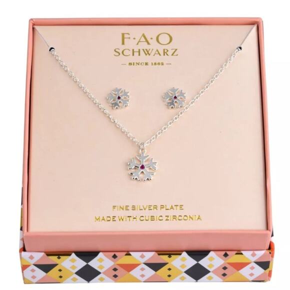 FAO Schwarz Dainty Snowflake Necklace & Earring Set Fine Silver Plating Red CZ - Picture 1 of 5
